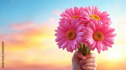 Pink Gerbera Daisy Bouquet Held at Sunset Beautiful Flowers Spring Romance