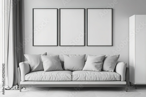 Grey settee near white cupboard in minimal living room interior with posters