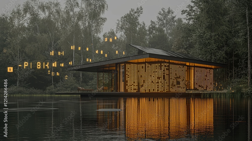 Fototapeta premium Illuminated Modern Lake House Amidst Forest Trees