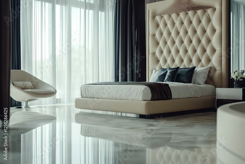 interior of modern luxury bedroom with furniture , zoom out shot, video ultra