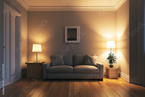 Interior of living room modern style with grey fabric sofa,wooden side