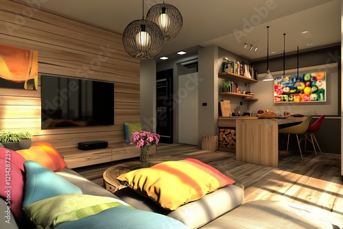 Interior design of modern scandinavian apartment, living room 3d rendering