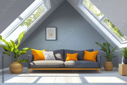 Grey attic living room interior with sofa