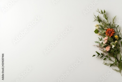 top down view of vibrant floral arrangement interwoven with symbols of strength and femininity on clean white surface