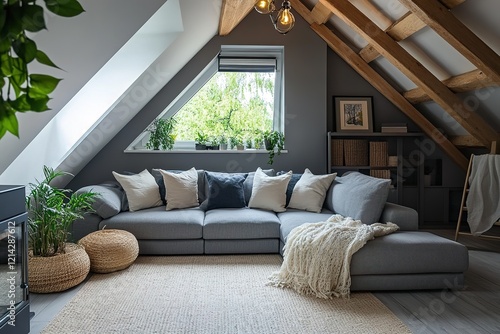 Grey attic living room interior with sofa
