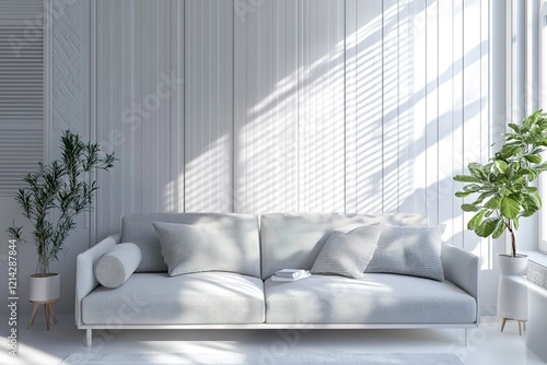 Interior design of modern scandinavian apartment, living room 3d rendering