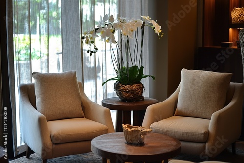 Home interior with two armchair and decor in brown color living room