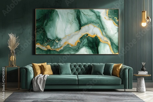 Green wall background, minimalist sofa, marble pattern wooden sofa, grey carpet, poster