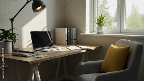 Wallpaper Mural Office, desk and laptop with workplace for study, work or business with computer at home for technology, creative and research Torontodigital.ca