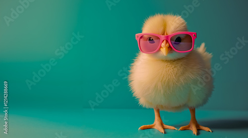 A small chicken wearing pink sunglasses on a blue background photo