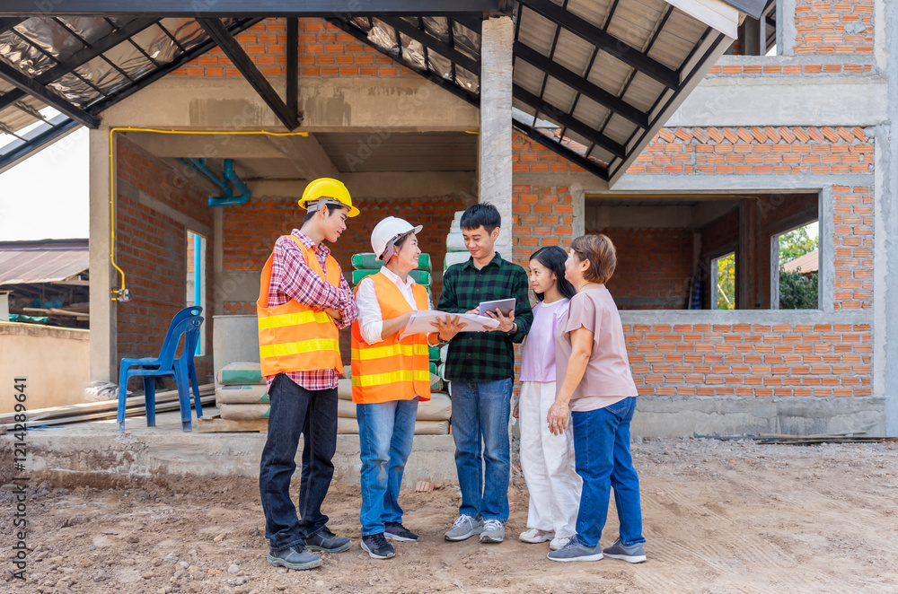 happy family mother,adult son and a daughter inspecting a new house building,discussing engineering building plan with specialist at construction site happy family mother,adult son and a daughter inspecting a new house building,discussing engineering building plan with specialist at construction site