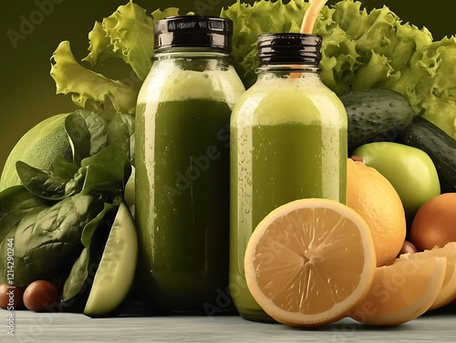 Two bottles of green vegetable juice surrounded by fresh produce. photo