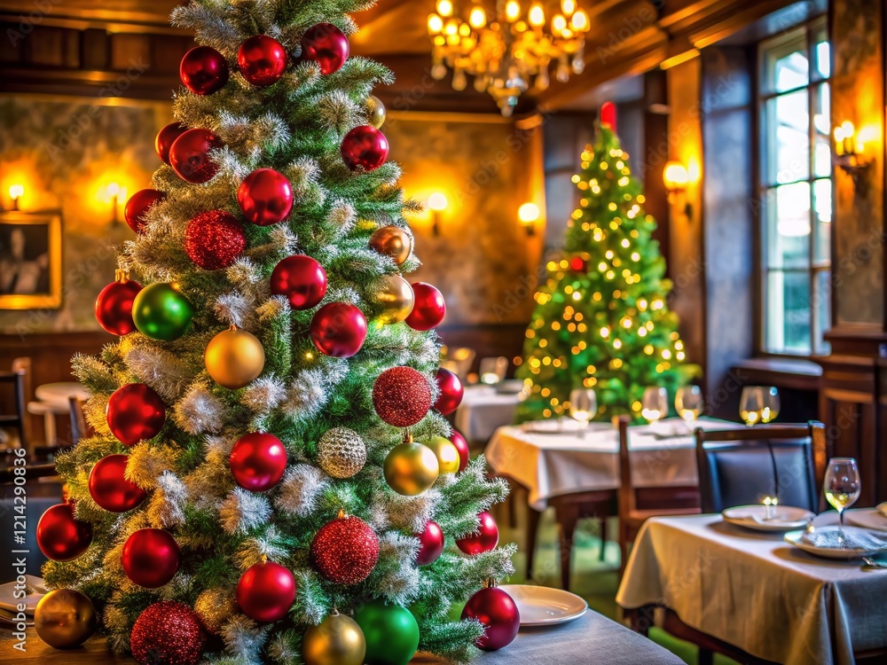 Festive Restaurant Decor: Frosted Christmas Tree with Red & Green Ornaments in Luxurious Dining Room Festive Restaurant Decor: Frosted Christmas Tree with Red & Green Ornaments in Luxurious Dining Room