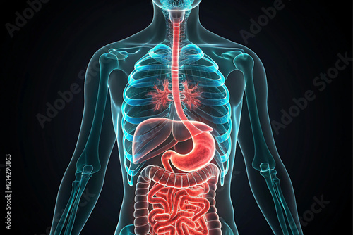 Human stomach showing nervous system in red glowing anatomy