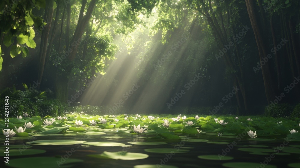 Obraz premium Sunbeams illuminate a serene pond with white water lilies in a lush green forest.