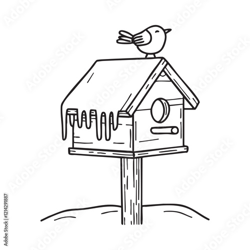 Icicles hanging from the roof of a wooden birdhouse in winter