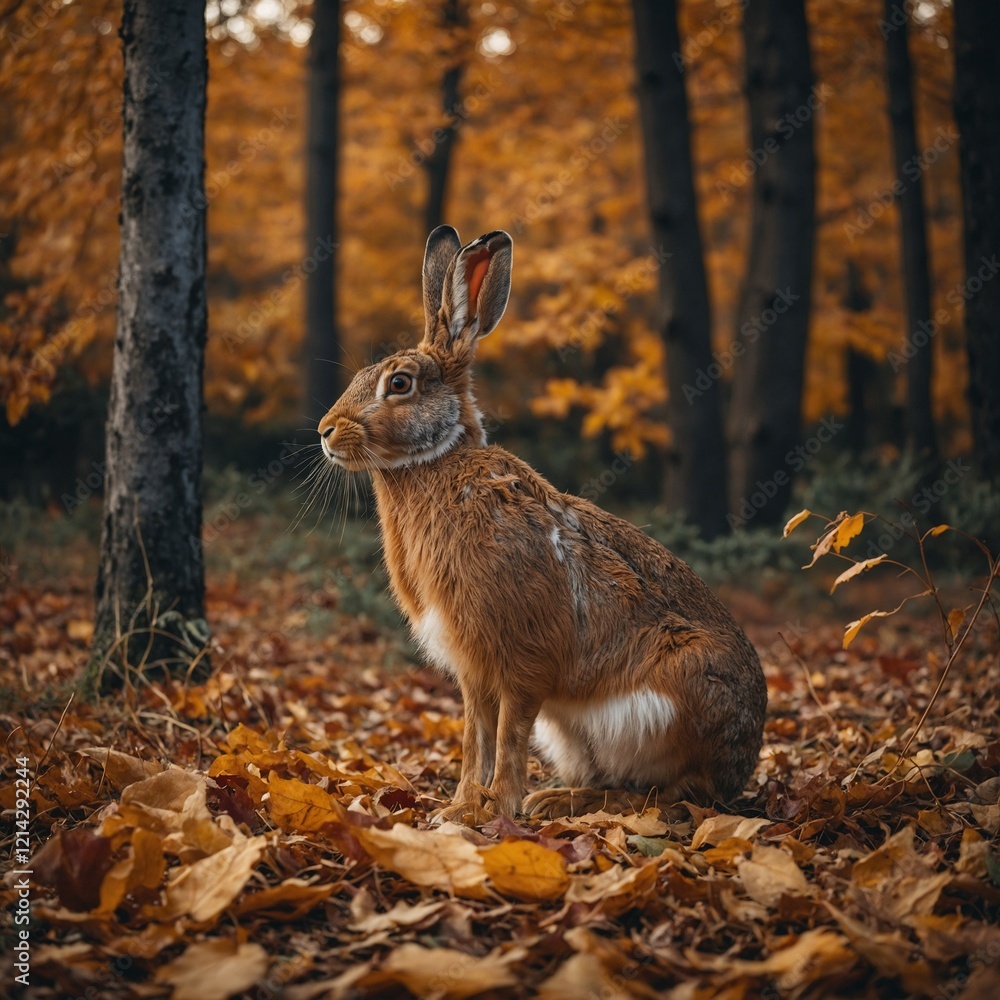 Fototapeta premium A hare surrounded by autumn leaves in a forest, golden and red hues creating a warm backdrop.