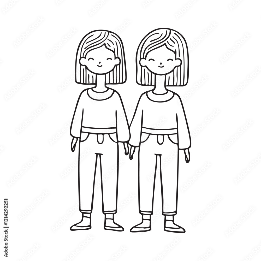Two identical twins standing side by side, wearing matching outfits Two identical twins standing side by side, wearing matching outfits