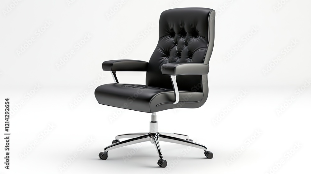 A modern black leather office chair with ergonomic design, sleek armrests, and a swivel base on a pure white background A modern black leather office chair with ergonomic design, sleek armrests, and a swivel base on a pure white background