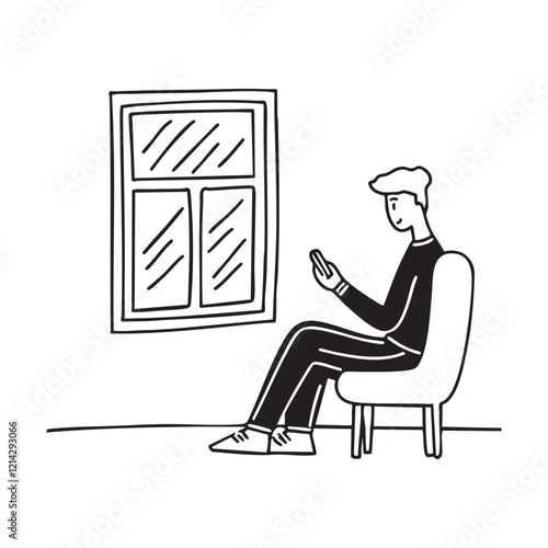 A man by the window, scrolling through his phone, ignoring the world