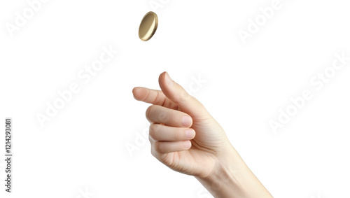 Hand flicking a gold coin into the air isolated on transparent or white background.