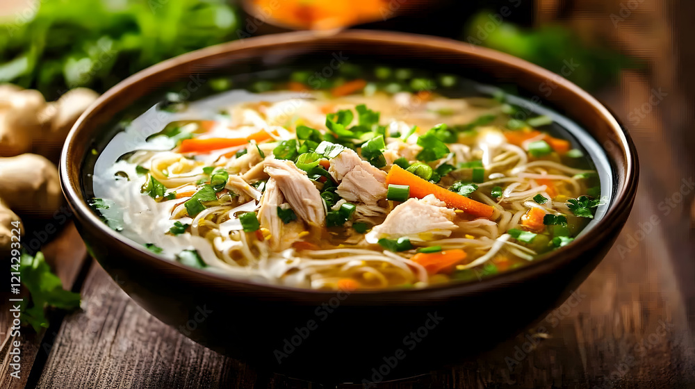 A comforting bowl of chicken noodle soup with fresh herbs and spices. A comforting bowl of chicken noodle soup with fresh herbs and spices.