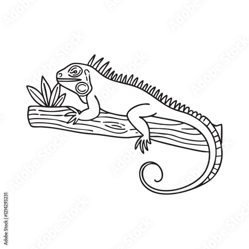An iguana nibbling on leaves while resting on a tree branch