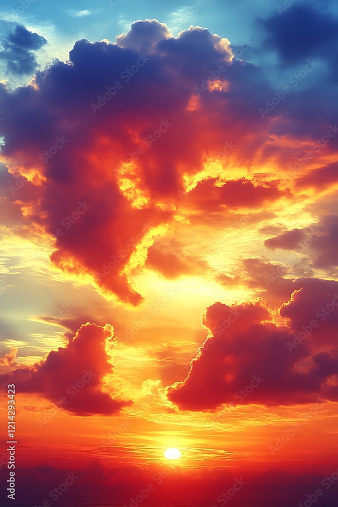 Fototapeta premium Fiery sunset with vibrant cloudscape.