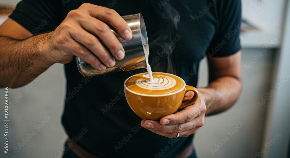 A close-up of a barista’s hand creating latte art in a steaming cup of coffee A close-up of a barista’s hand creating latte art in a steaming cup of coffee
