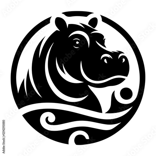 Black and white vector hippo logo on a white background.