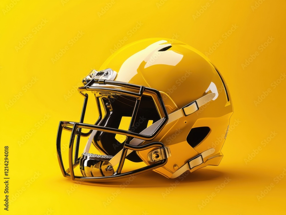 Fototapeta premium Bright yellow football helmet against a solid yellow background showcasing its sleek design and protective features