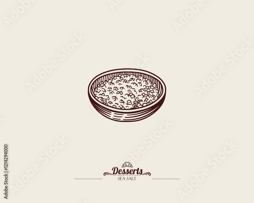 Sea crystal salt in a small bowl. Graphic drawing, engraving, etching technique. Line art, sketch style. Vector hand drawn illustration