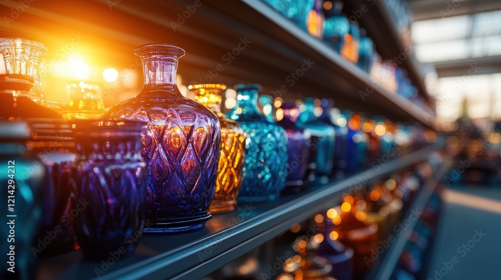A captivating display of colorful glass vases reflects the warm glow of a setting sun, creating a rhythmic and vibrant ambiance that showcases artistry and craftsmanship. A captivating display of colorful glass vases reflects the warm glow of a setting sun, creating a rhythmic and vibrant ambiance that showcases artistry and craftsmanship.