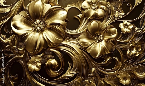 Gold floral baroque wall art design, dark background photo