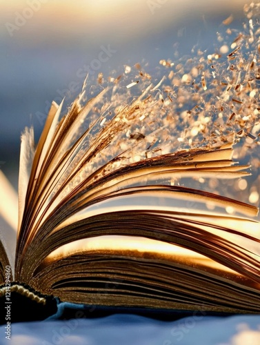 An open book with pages fluttering in the wind, symbolizing fleeting memories