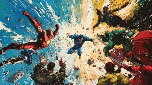 Modern comic book open to a dynamic superhero battle scene