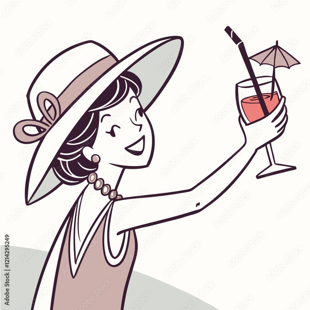 Girl in stylish hat taking selfie with cocktail vector image Girl in stylish hat taking selfie with cocktail vector image