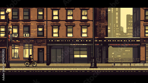 Fototapeta Naklejka Na Ścianę i Meble -  3. A whimsical cityscape with simple geometric buildings in muted pastel colors, highlighted by a small figure riding a bicycle along the quiet streets 