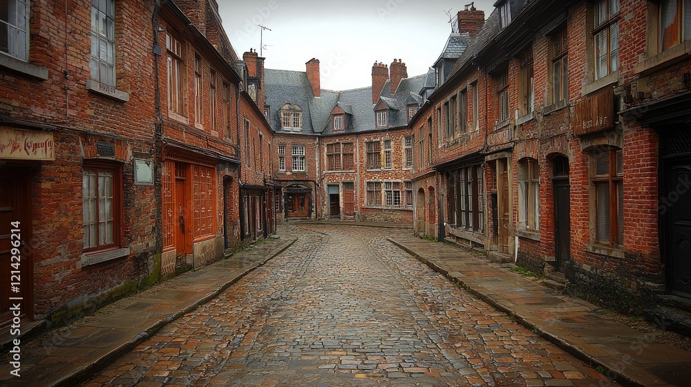 Cobblestone Street Between Old Brick Buildings In A European Town Cobblestone Street Between Old Brick Buildings In A European Town