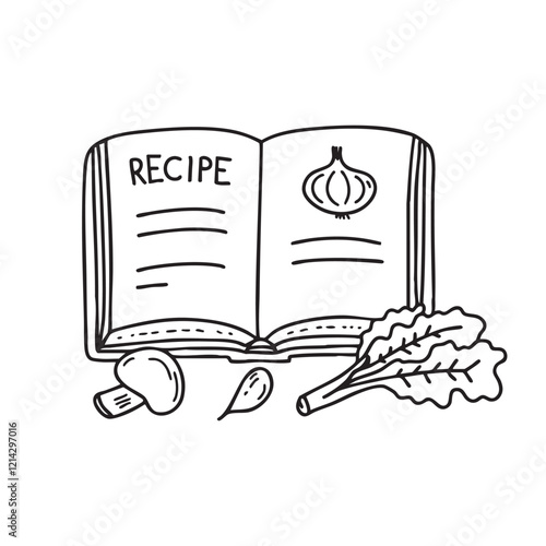 An open book with the word Recipe beside fresh vegetable ingredients