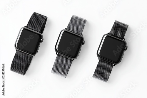 Three Modern Black Apple Watches with Gray Mesh Bands