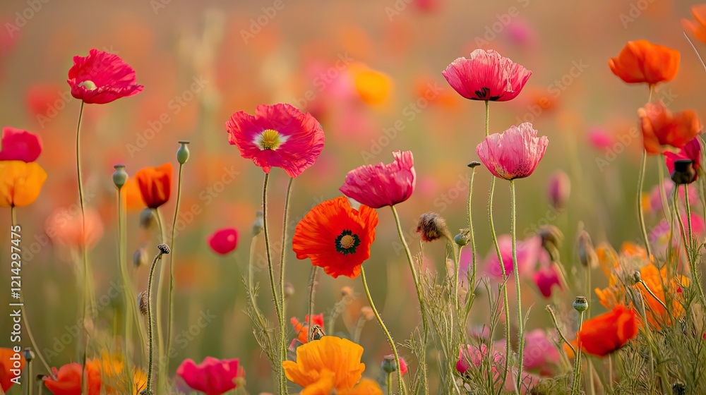 Fototapeta premium Colorful poppies bloom in a field at sunset, nature background, idyllic scene