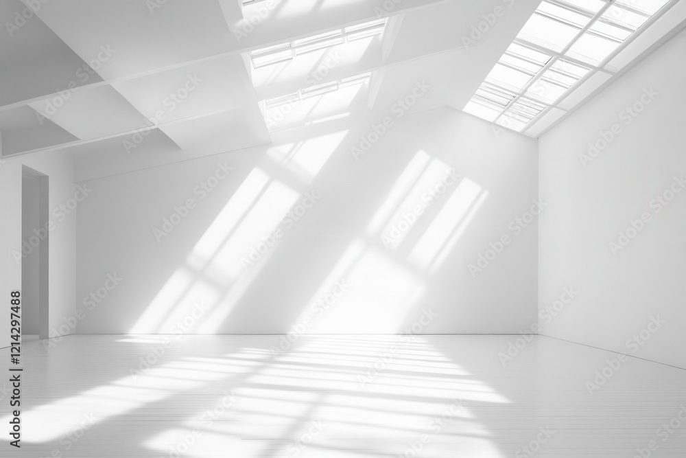 Fototapeta premium minimalist white gallery space with subtle shadow play, ethereal ambient light filtering through hidden skylights, creating geometric patterns