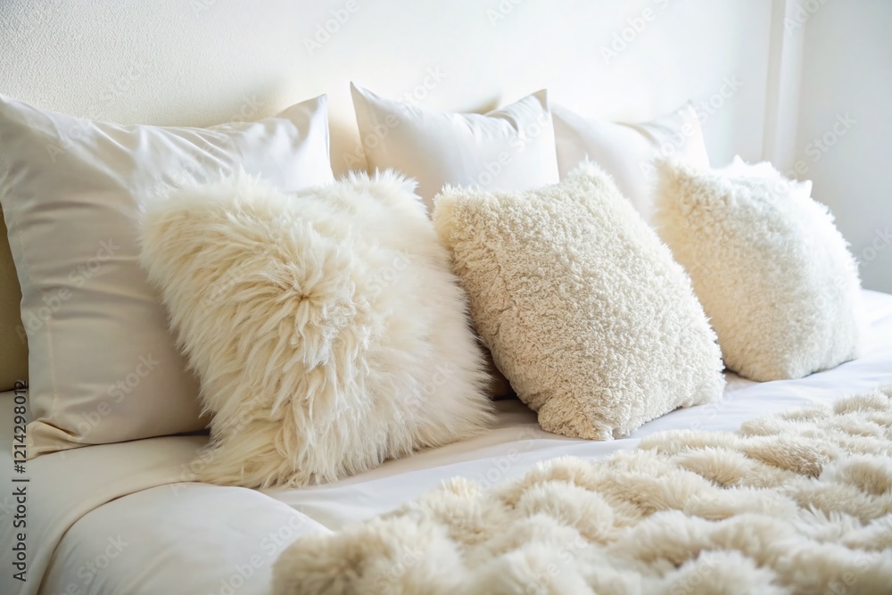 Fluffy White Throw Pillows on a Bed - Candid Style Stock Photo Fluffy White Throw Pillows on a Bed - Candid Style Stock Photo
