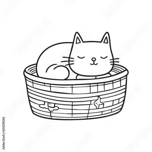 A cat curled up inside a basket, resting peacefully