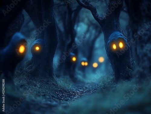 Glowing creatures hidden in dark forest path. photo