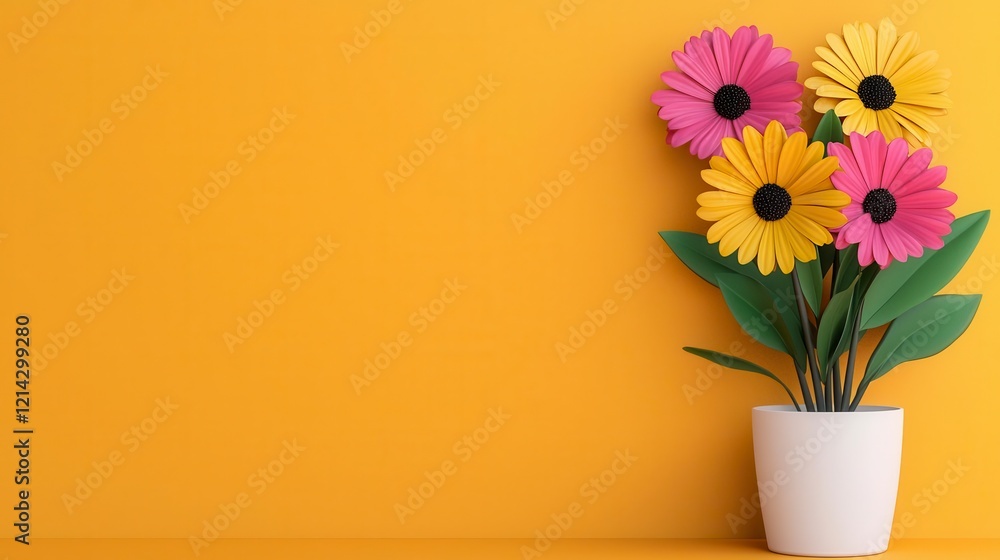 A photostock of a vibrant 3D flower arrangement with colorful petals and a cheerful orange background, exuding a lively and summery vibe. High Quality A photostock of a vibrant 3D flower arrangement with colorful petals and a cheerful orange background, exuding a lively and summery vibe. High Quality
