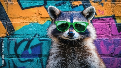 Stylish raccoon with green sunglasses on a vibrant graffiti wall background photo