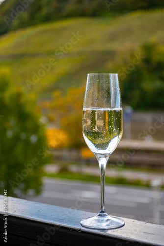 Tasting sparkling white wine, traditional champagne method making of cremant in caves on Moselle river valley in Luxembourg, glasses of wine and view on terraced vineyards photo