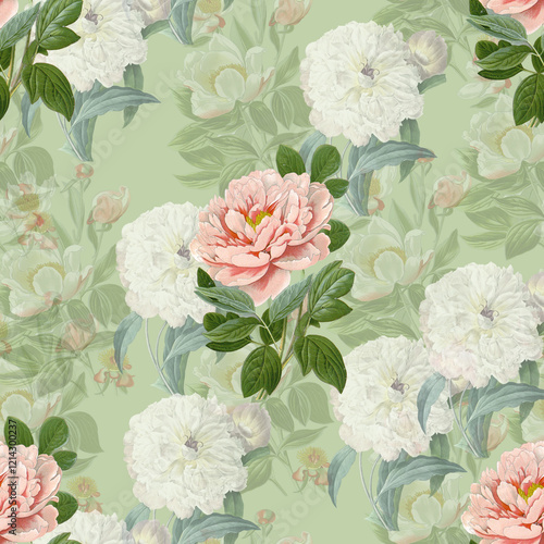 Wallpaper Mural Seamless pattern of vintage peony on green background. Delicate botanical repeating design illustration Torontodigital.ca